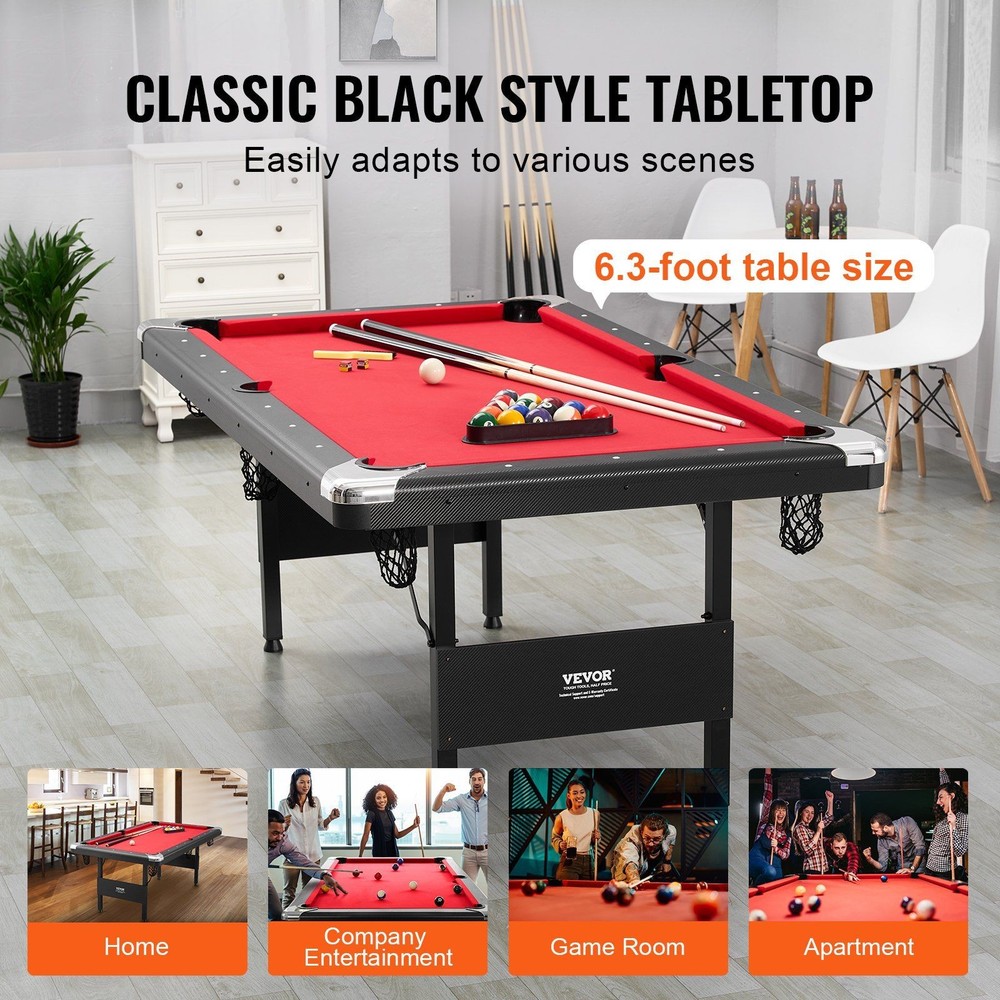 6.3ft Foldable Pool Table MDF Board Iron Frame Space-Saving Black-Red Design