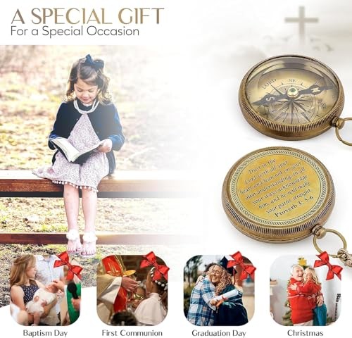 Brass Compass Gift with Display Box - Engraved Scripture Prayer Aged Brass