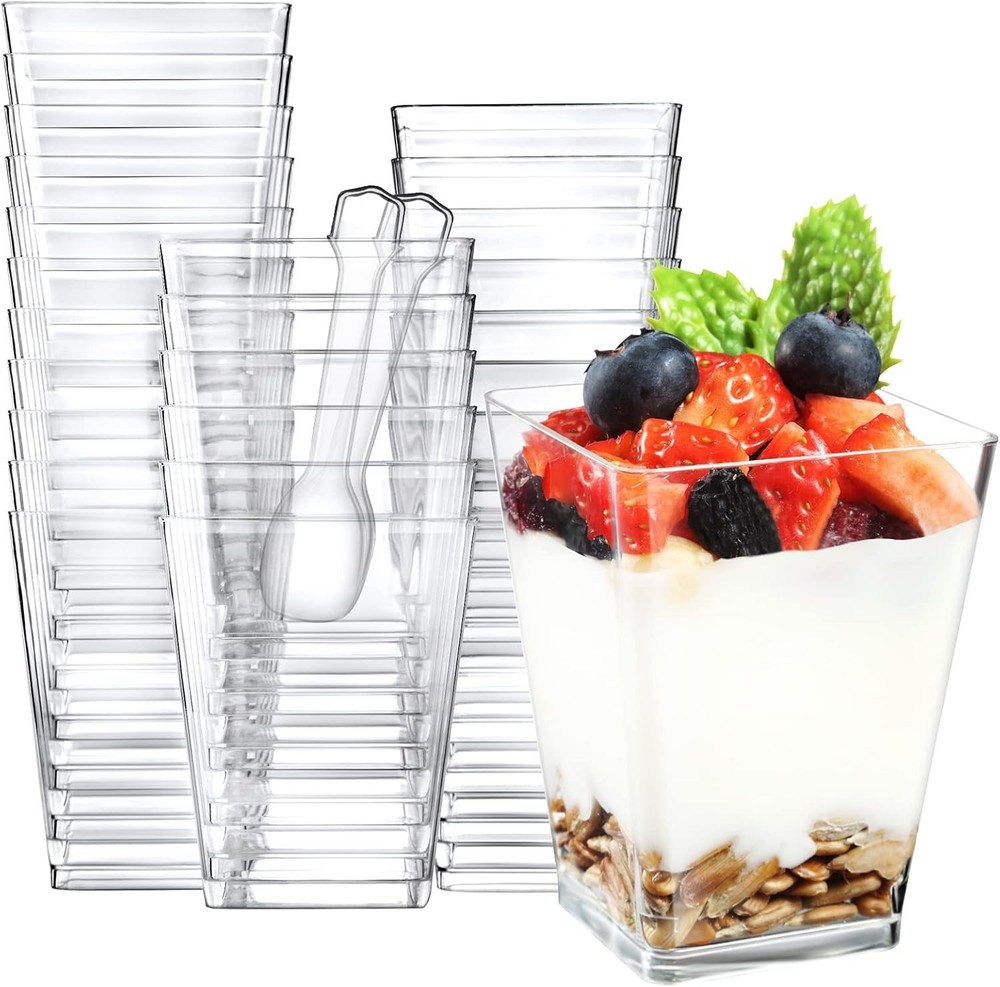 Square Clear Plastic Dert Cups with Spoons Small Clear Plastic