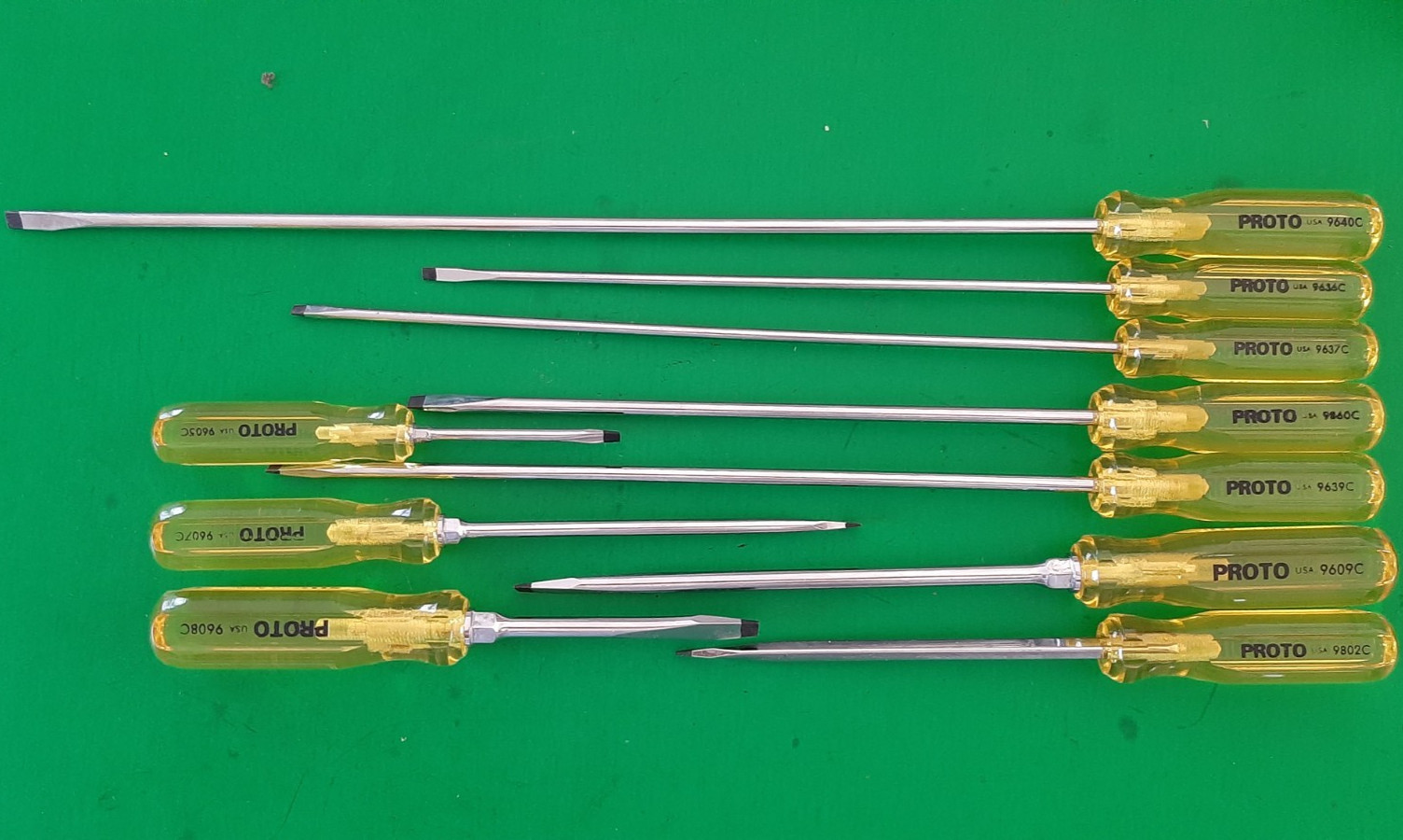 NOS NEW PROTO USA 10 Piece Clear Yellow Handle Screwdriver Set Flat Tip Slotted