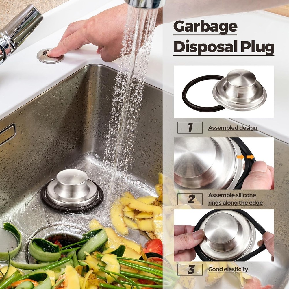 Rustproof Brushed Silver Kitchen Sink Drain Strainer and Stopper Set - 3 Pieces