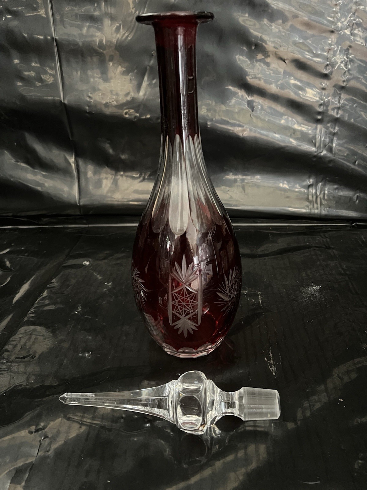 VINTAGE Ruby Red Cut to Clear Crystal Decanter [725]