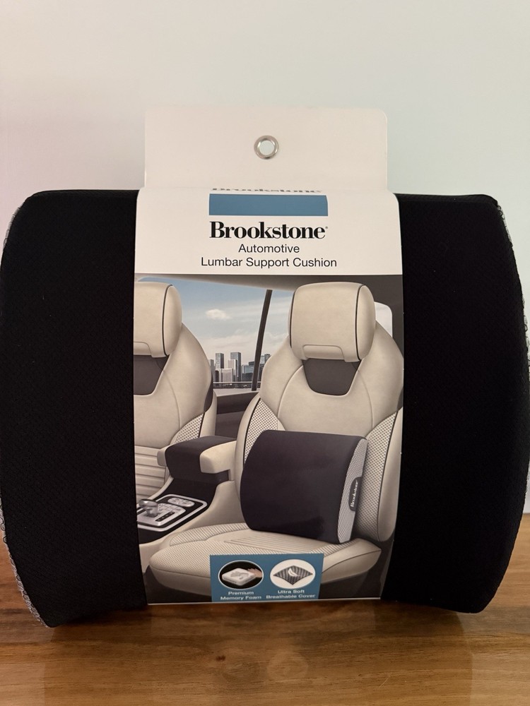 Brookstone Lumbar Support Cushion Black Premium Memory Foam Adjustable Strap