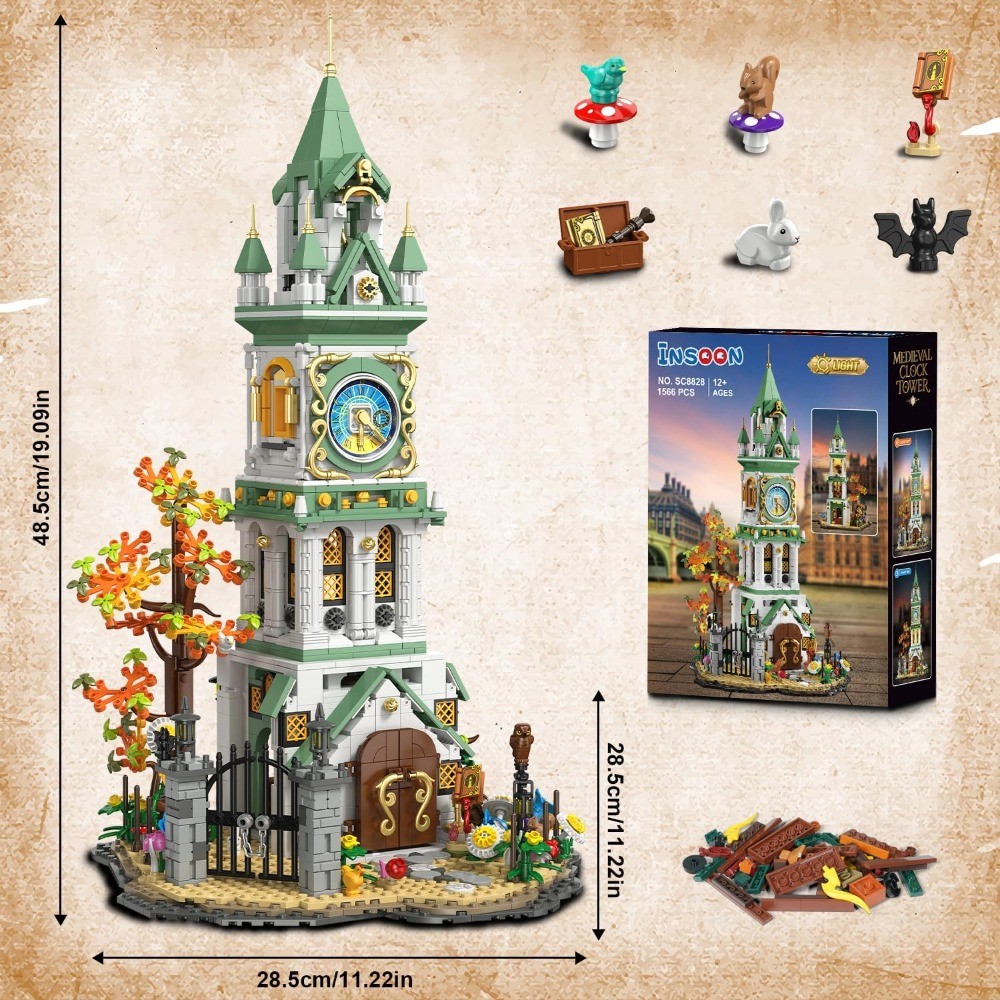 Magic Clock Tower Building Set with Light, 1566PCS Medieval Castle Model Kit