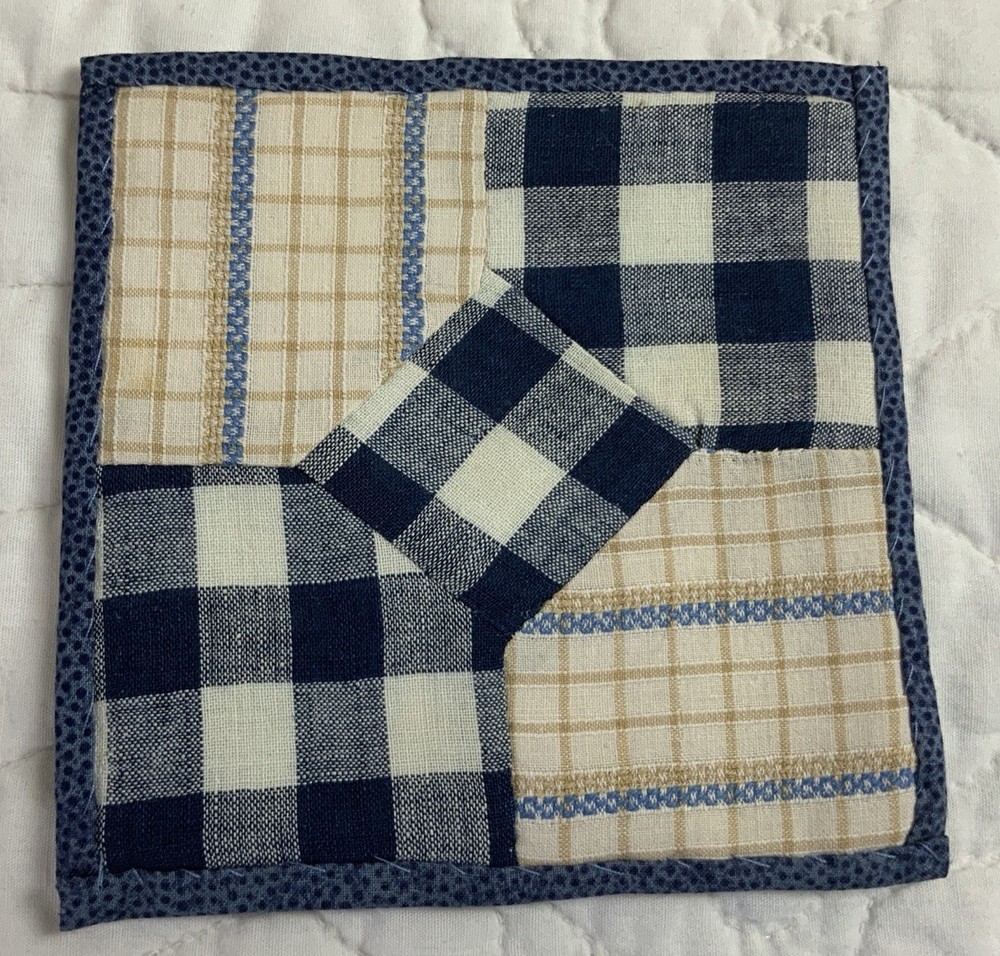 Antique Patchwork Quilt Table Topper, Bow Tie, Early Calico Prints, Blue, Navy