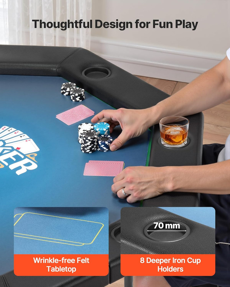 Foldable 8-Player Poker Table with Cup Holders & Padded Rails, 48 in Octagonal