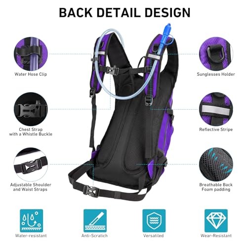 Hydration Backpack 20L with Water Bladder 2L, Large Storage Hiking Purple