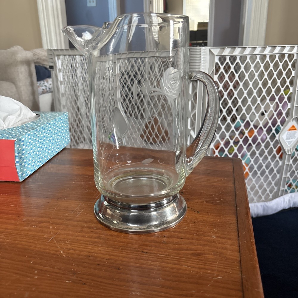 Vintage MCM Cocktail Pitcher With A Fine Silver Plated Base And Hand blown Glass