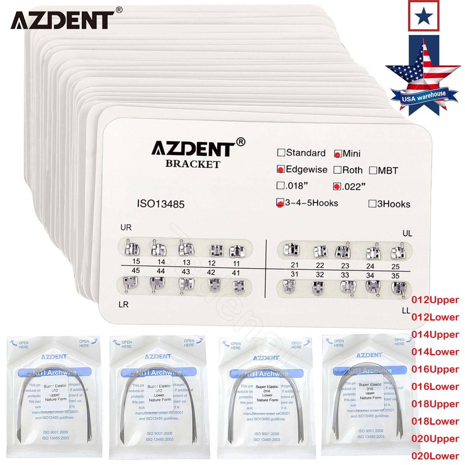 AZDENT Dental Orthodontic Brackets Braces Mini Roth/MBT 022 Hooks 345/Arch Wires