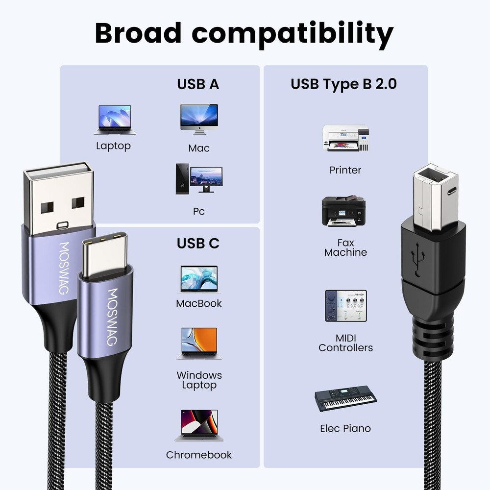 2in1 Usb Printer Cable 3.28ft/1m With Usb C To Midi Cable Printer Cableusb Midi
