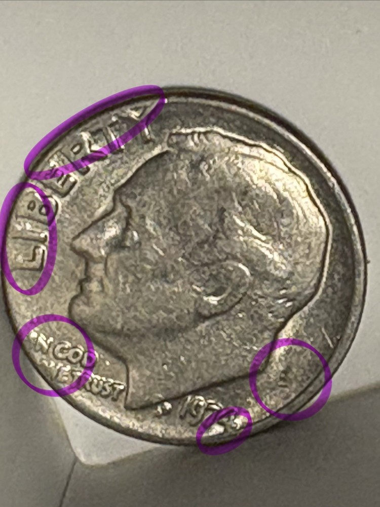 1974 Dime Missing Mint Mark And Faint “US”On The Back Side, More Errors