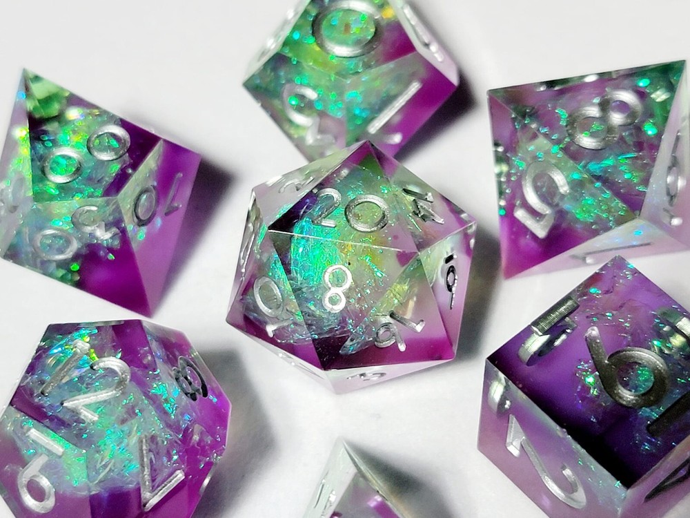 Purple Green Cosmos Sharp Edge DnD Dice Precision 7 Dice Set - Polyhedral RPG Dn