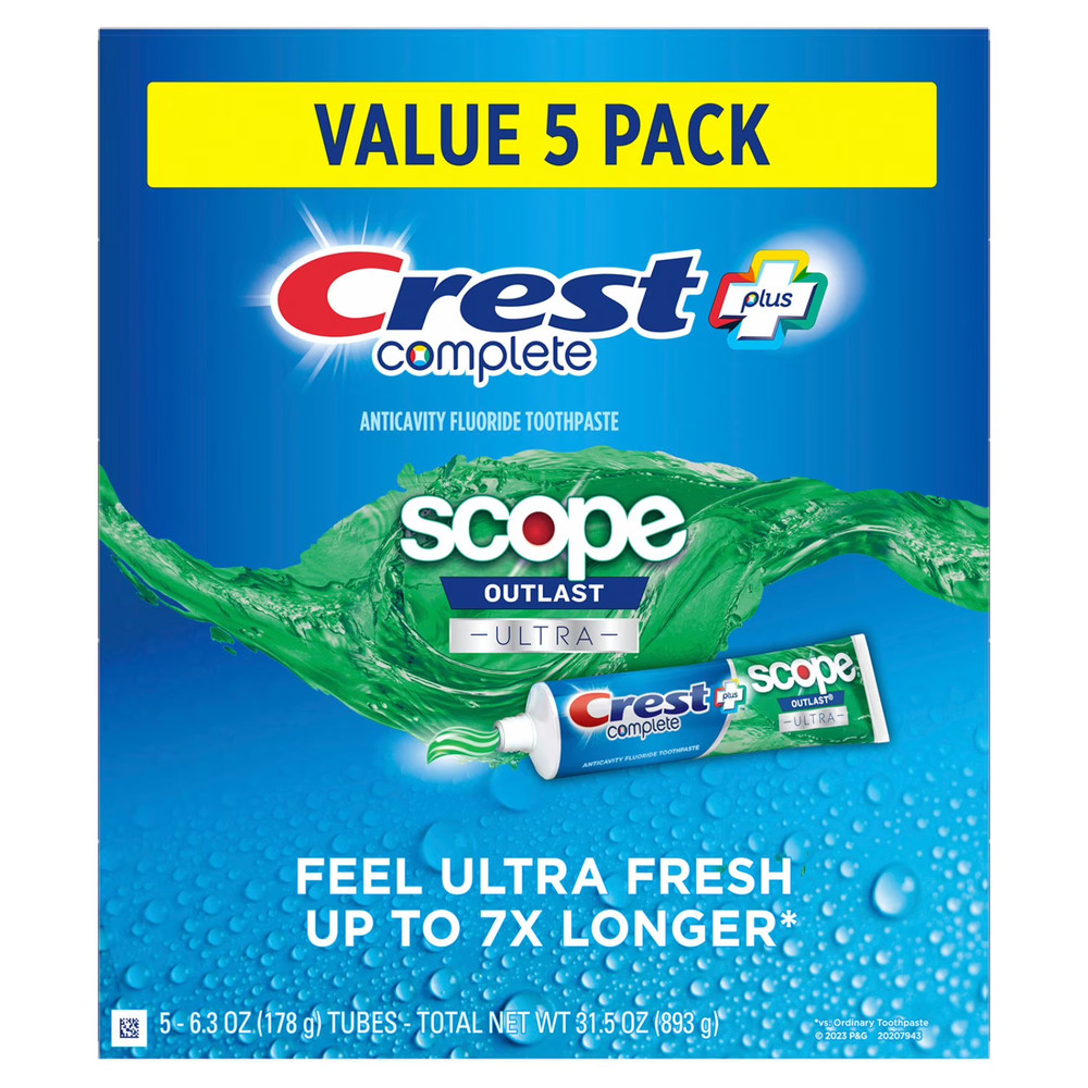 Crest Complete Plus Scope Outlast Ultra Toothpaste 5 Pack 6.3oz Tubes Mint New