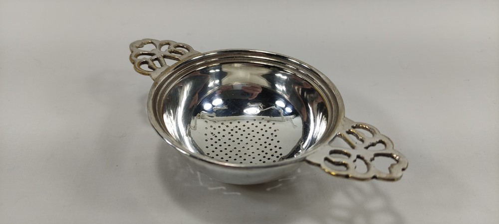 Vintage Silverplated Pierced Two-Handled Over Tea Service Cup Strainer Openwork