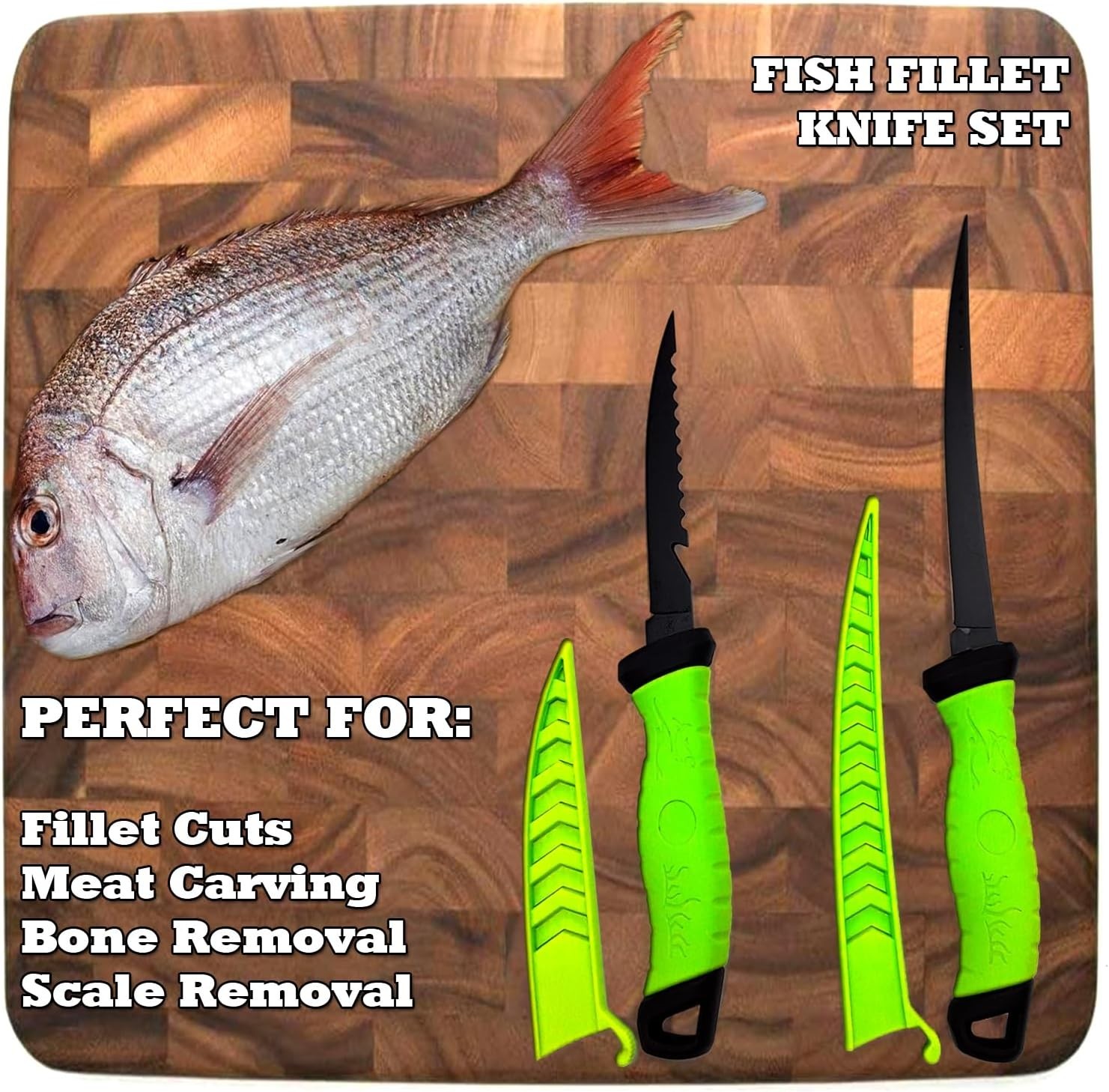 Fish Fillet Knife Set w/ Stainless Steel Bone Knife Sheath, Sharpener & Gloves