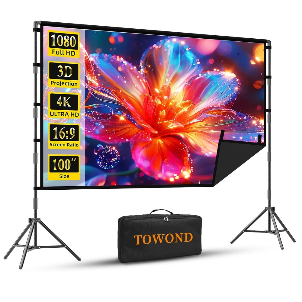 Projector Screen with Stand, 100 inch Portable Projector Screen Black Backing...