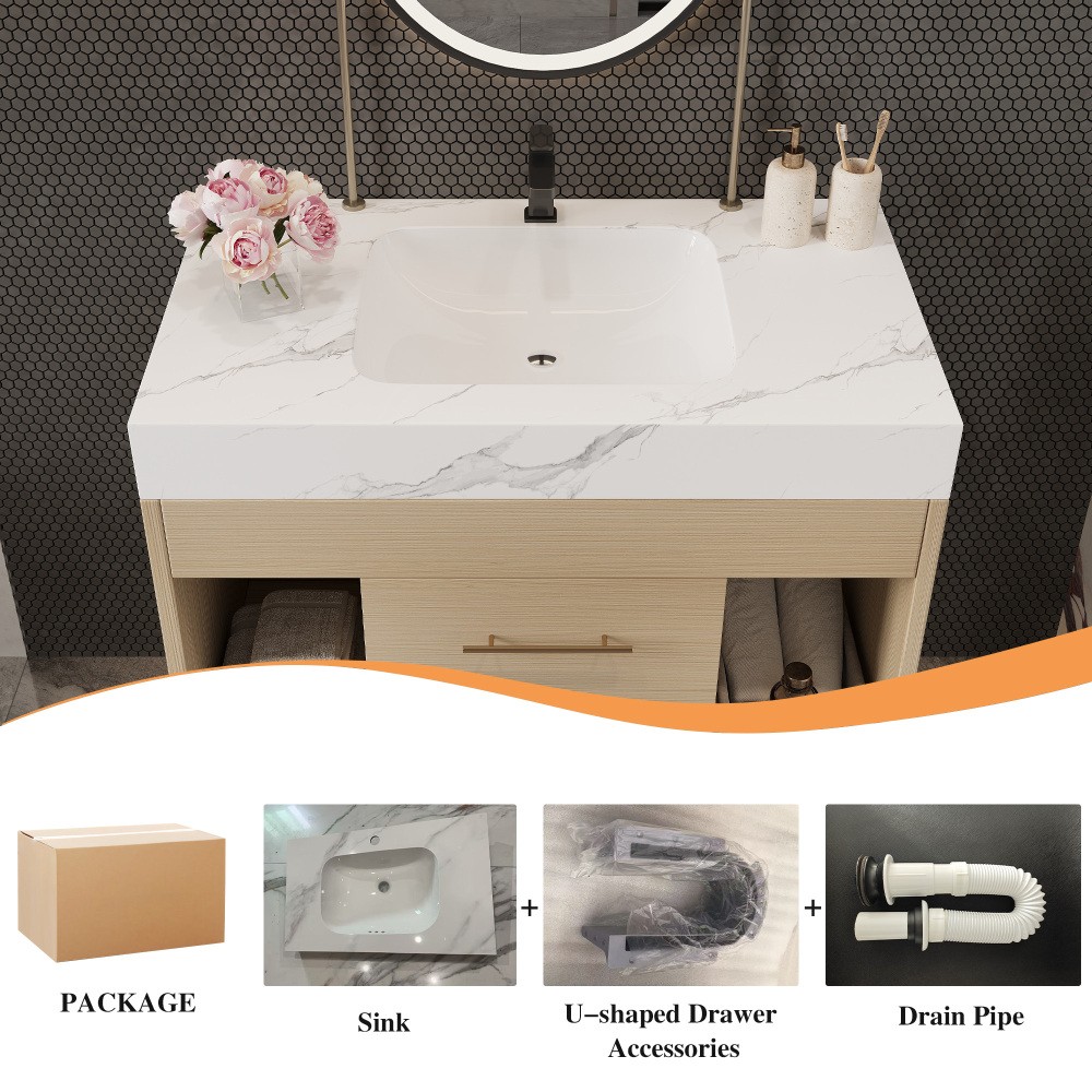 29.9" Modern Floating Bathroom Vanity with Sintered Stone Top &Ceramic Sink