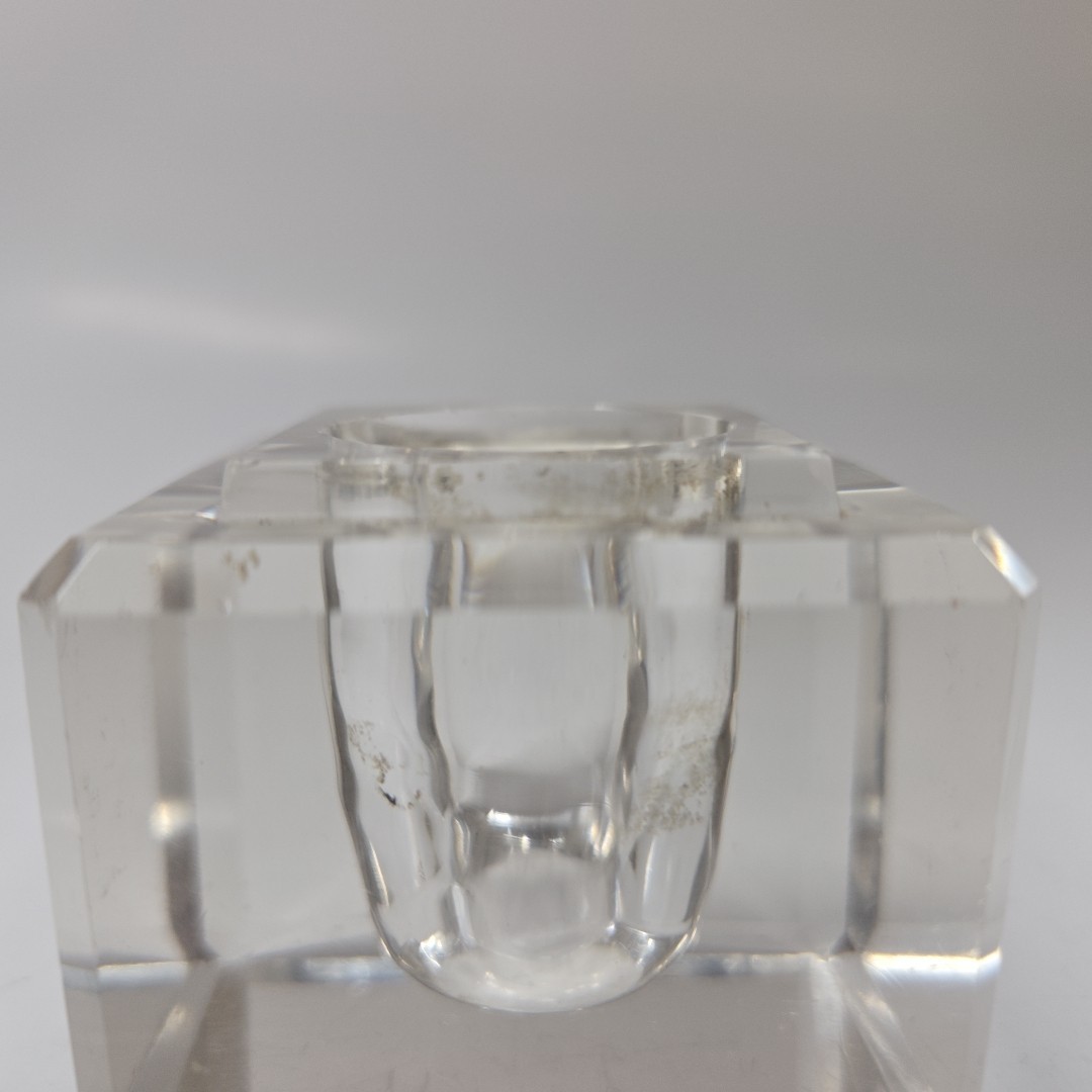 Vintage Clear Glass Inkwell Heavy Cube Shape Beveled Edging Solid