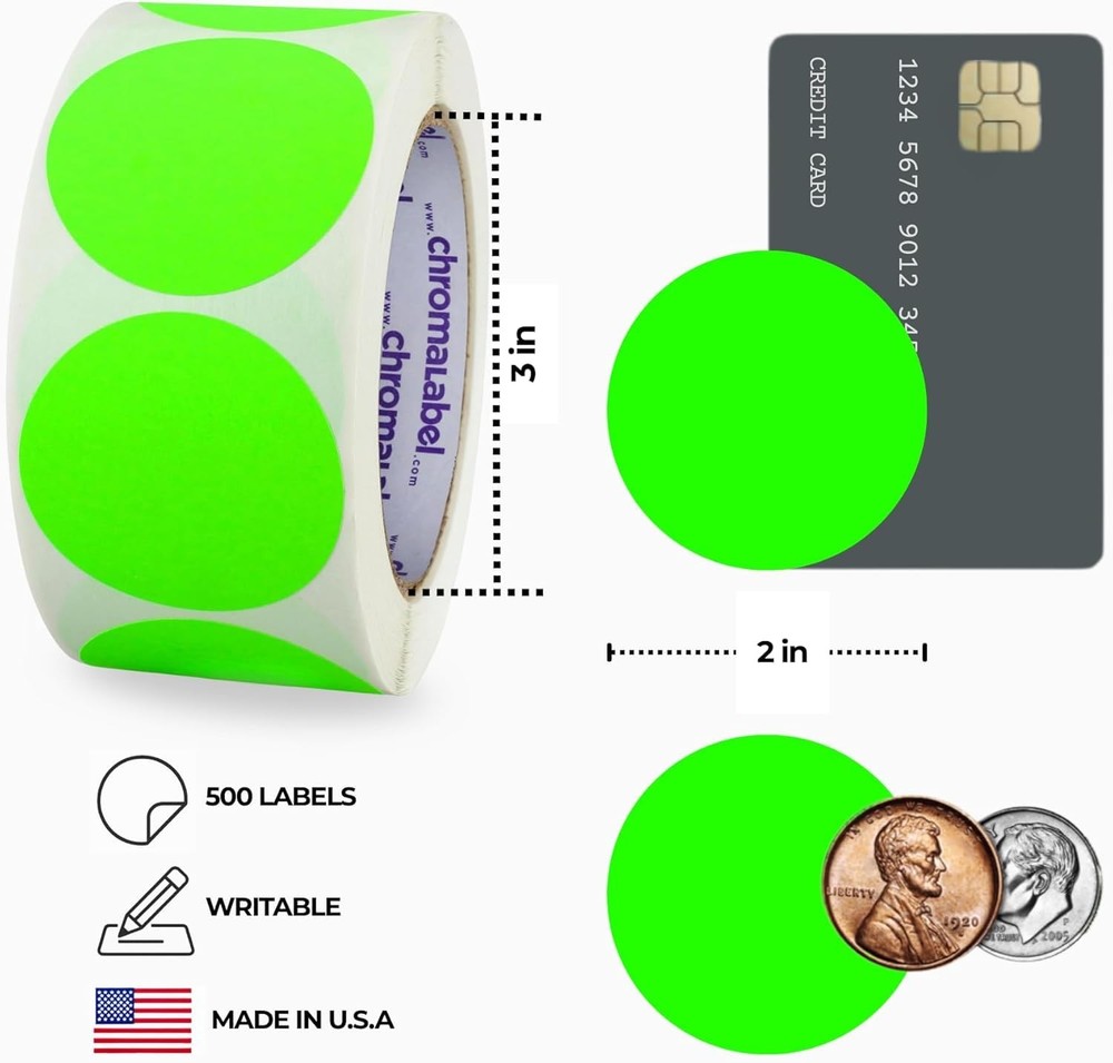 ChromaLabel 2 Inch Color Coded Stickers, Coding 2", Fluorescent Green