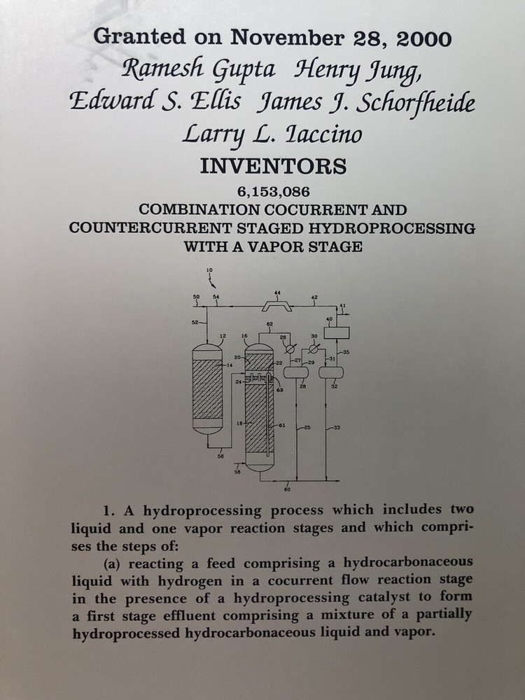 US Patent on Plaque Granted in 2000 for Hydroprocessing Process