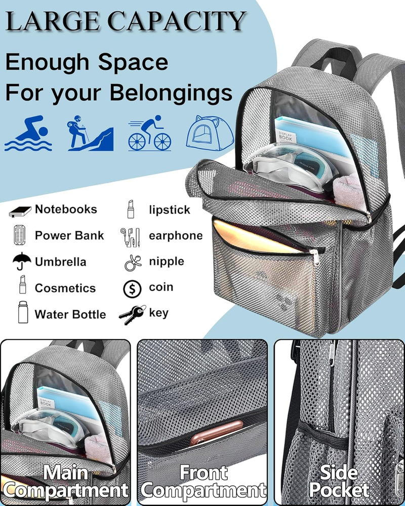 Mesh Backpack Lightweight See through Backpack for Commuting Swimming Travel Bea