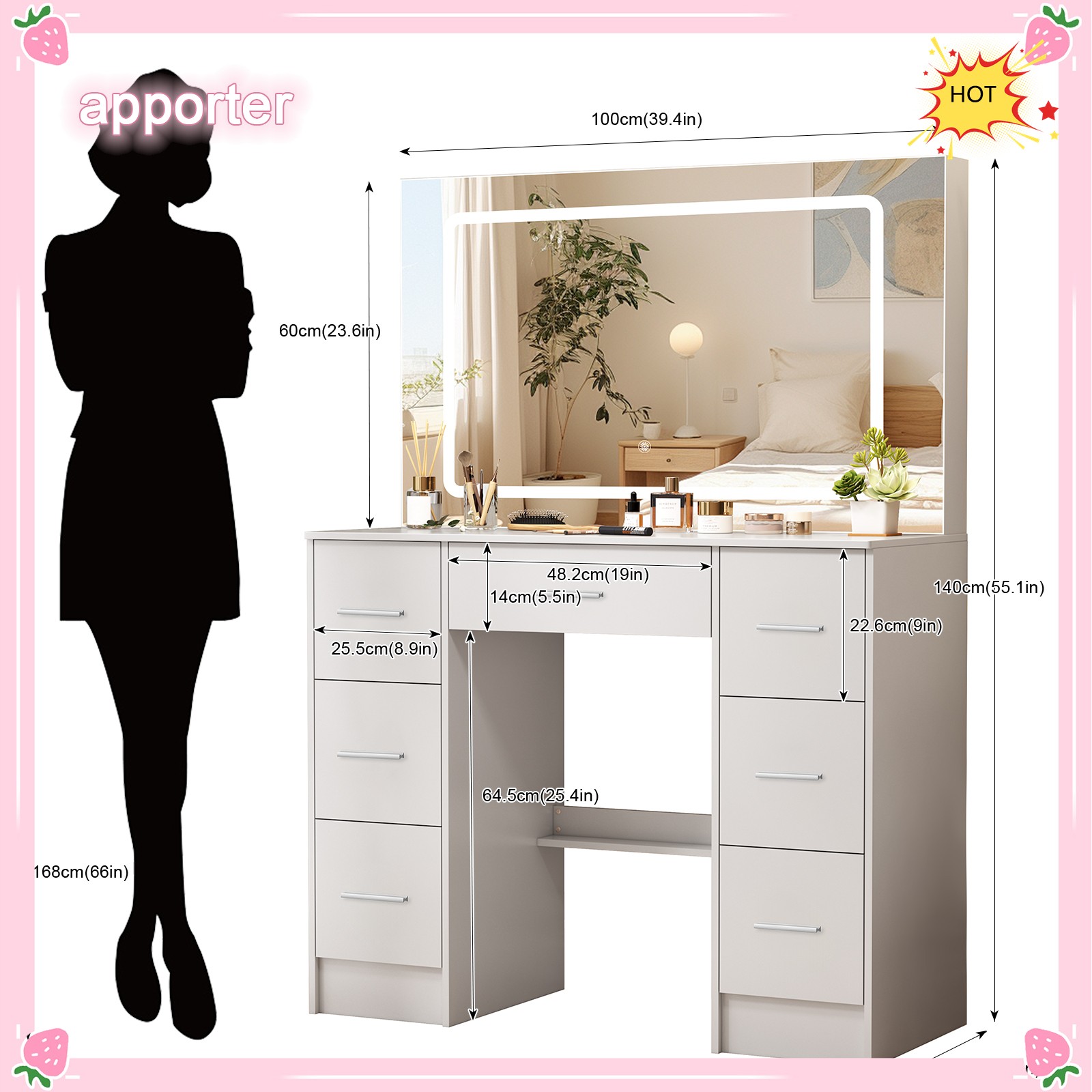 10 LED Lights With Large 3 Colors Mirror Makeup Dresser Desk Vanity Drawer Table