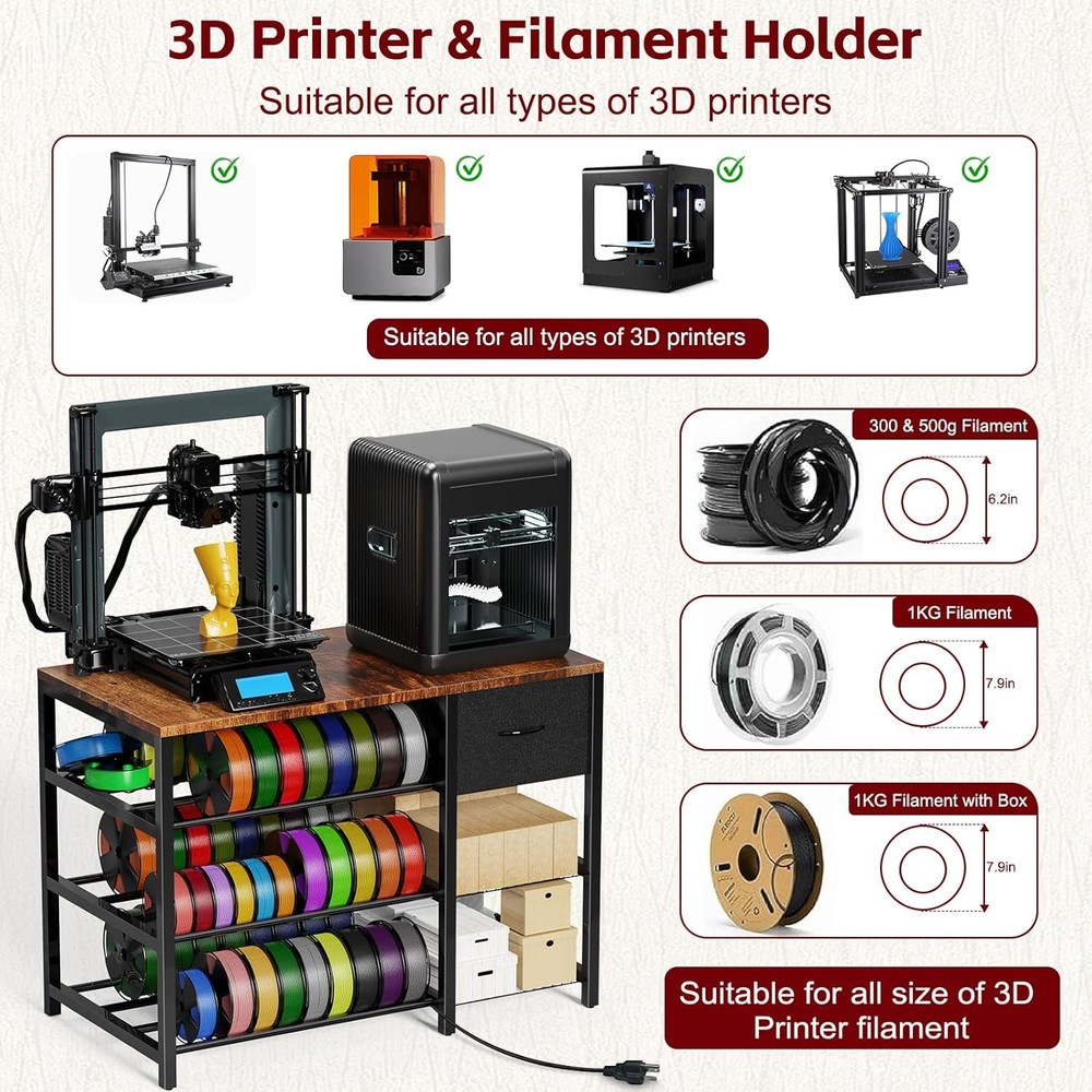 3D Printer Stand with Filament Storage Rack, 3D Printer Table with Power Outlet,