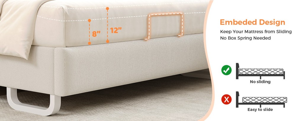 Easy Assembly Upholstered Beige Bed Adjustable Headboad With LED Light