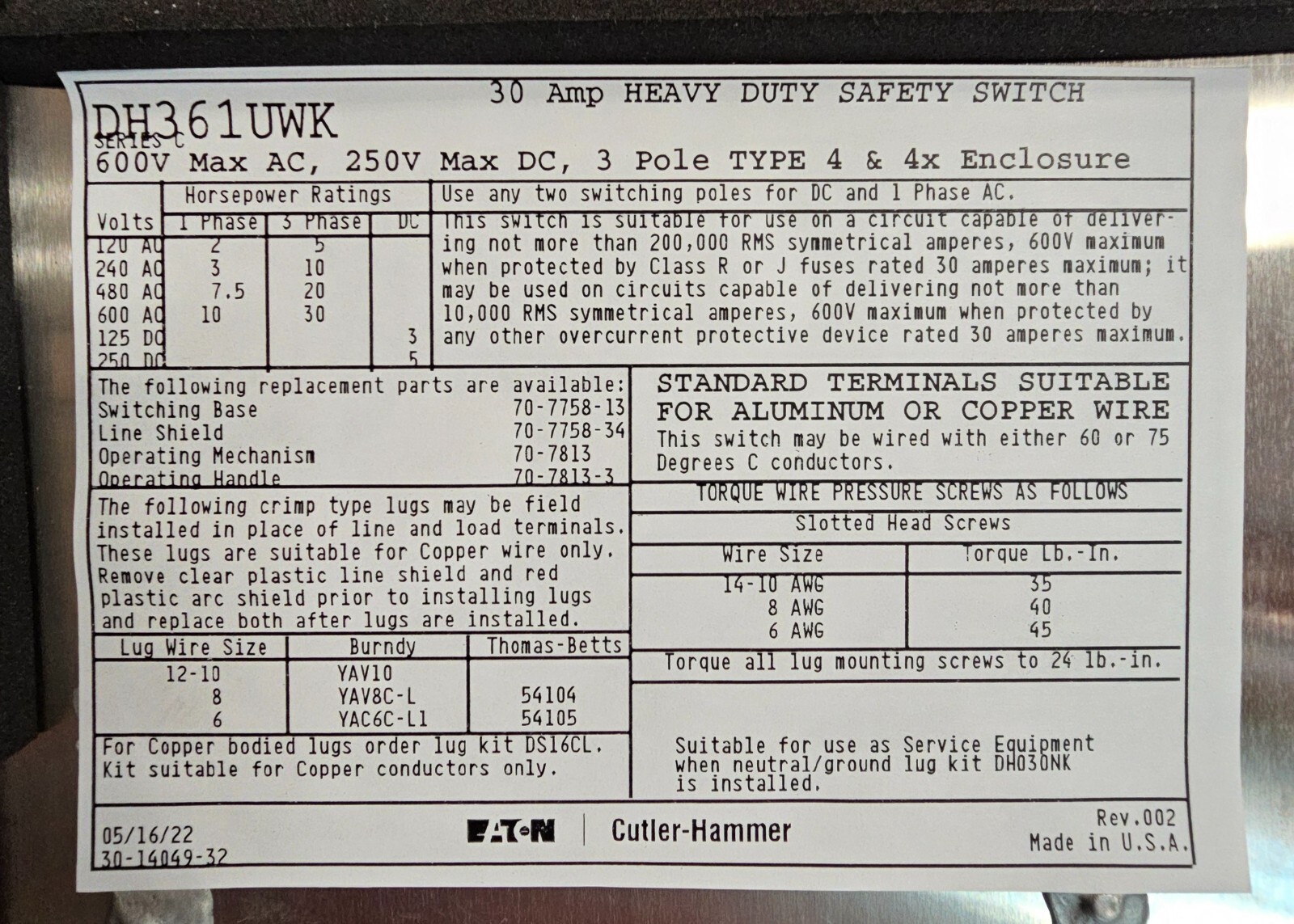 EATON DH361UWK Heavy Duty Single-Throw Non-Fused Safety Switch, 30A, NEMA 4X