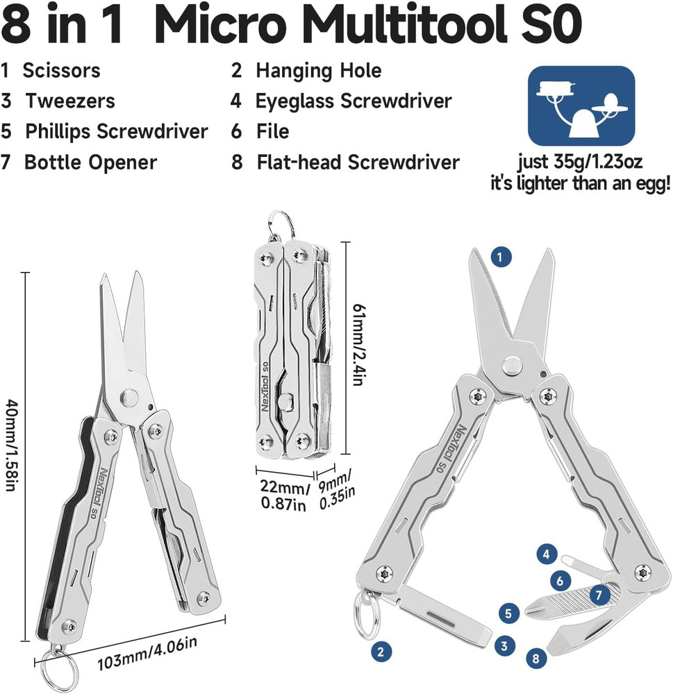 Micro Sailor Scissors S0, Mini Keychain Multitool with Serrated Scissors, 8-In-1