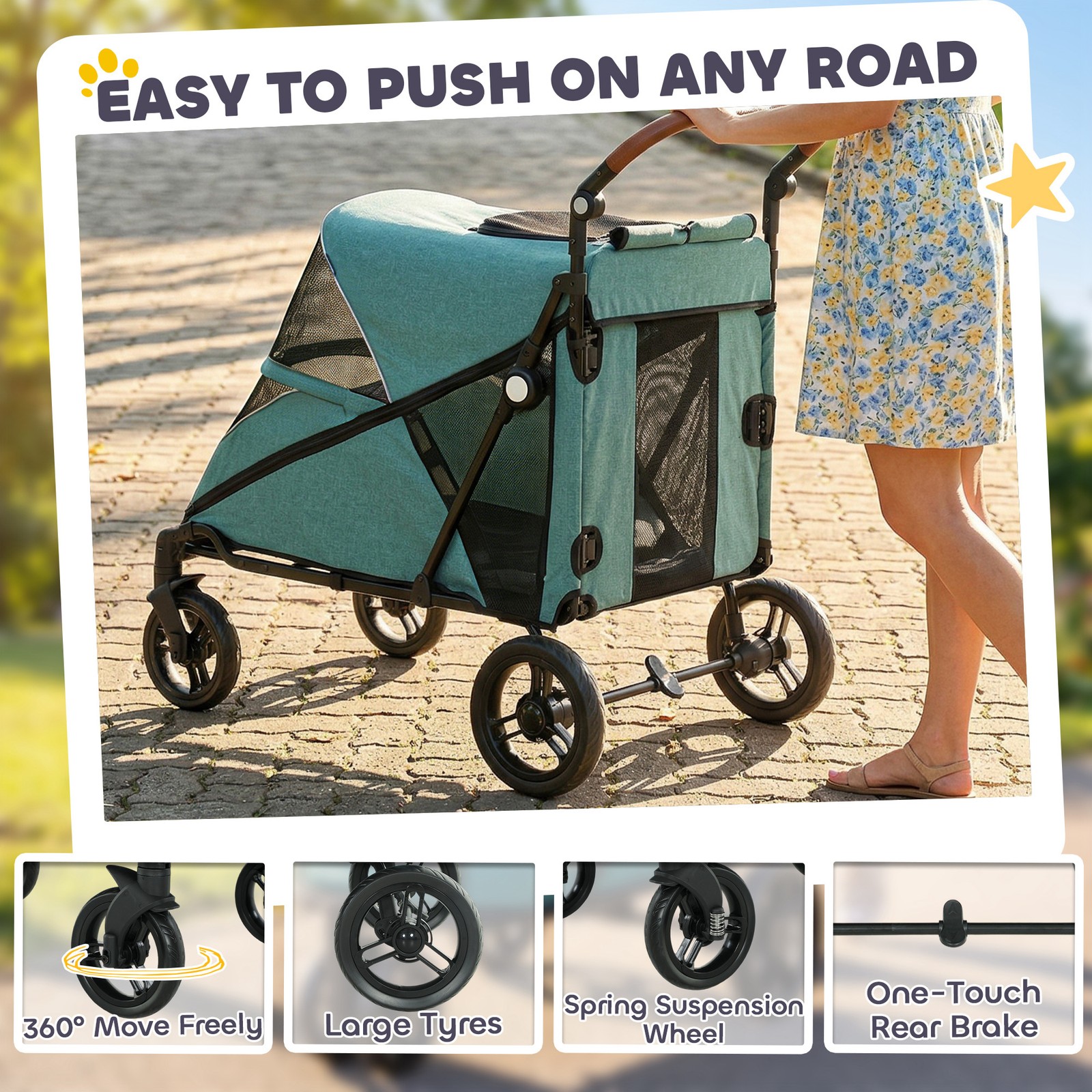 PawHut Dog Stroller for Large Dogs, All Terrain Pet Stroller, Blue