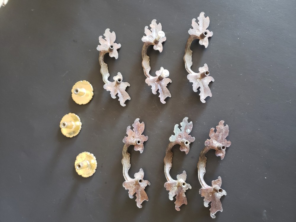 Vintage French Provincial Drawer pulls 6 + 3 matching knobs whitewashed brass