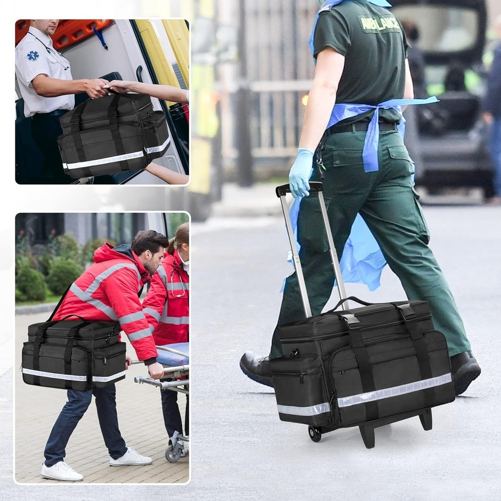 Rolling Medical Bag with Reflective Strips and Multiple Compartments