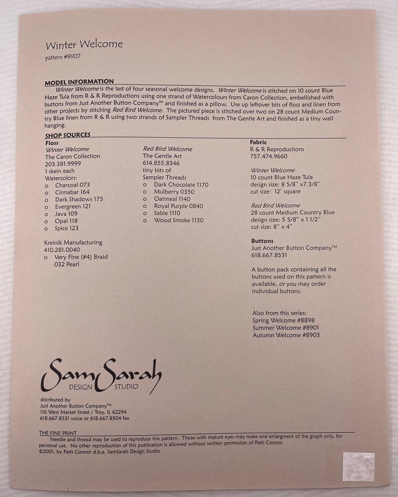 Sam Sarah Design Studios Counted Cross Chart - Winter Welcome
