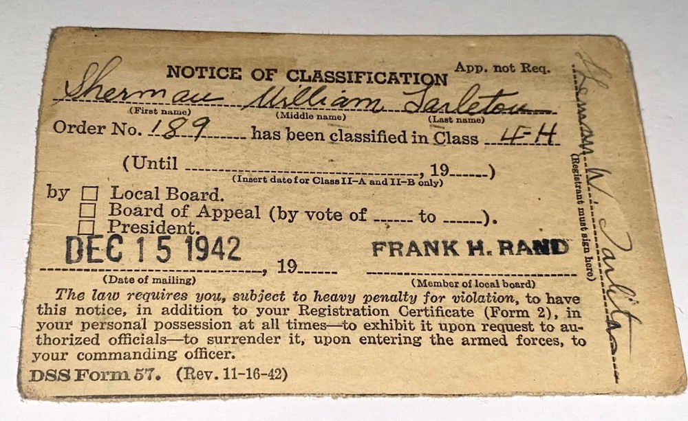 Rare Antique American WWII Notice Classification Capt. Sherman Tarleton! US!