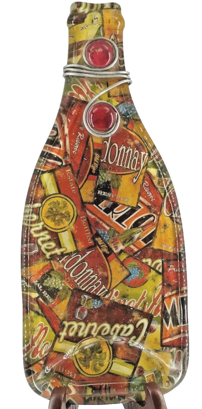 Flatten Glass Wine Bottle Shape Decor Metal Glass 2 Stones 12" T