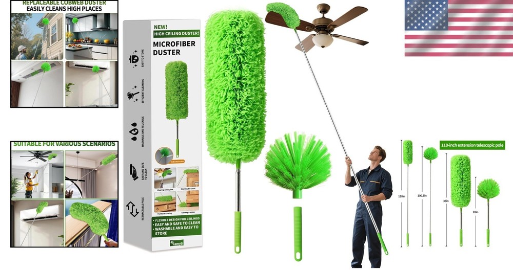 Cobweb Duster with Extension Pole Long Fan Dust Brush for High Ceilings