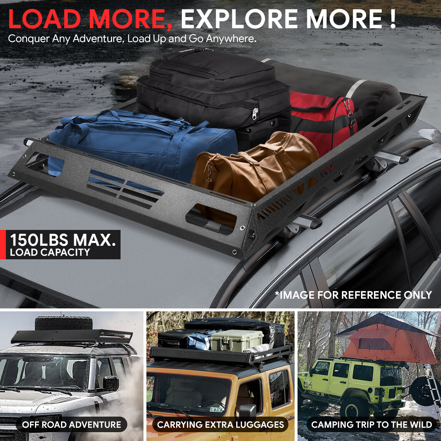 55" x 41" Steel Roof Rack Top Cargo Luggage Carrier Basket+Wind Fairing Black