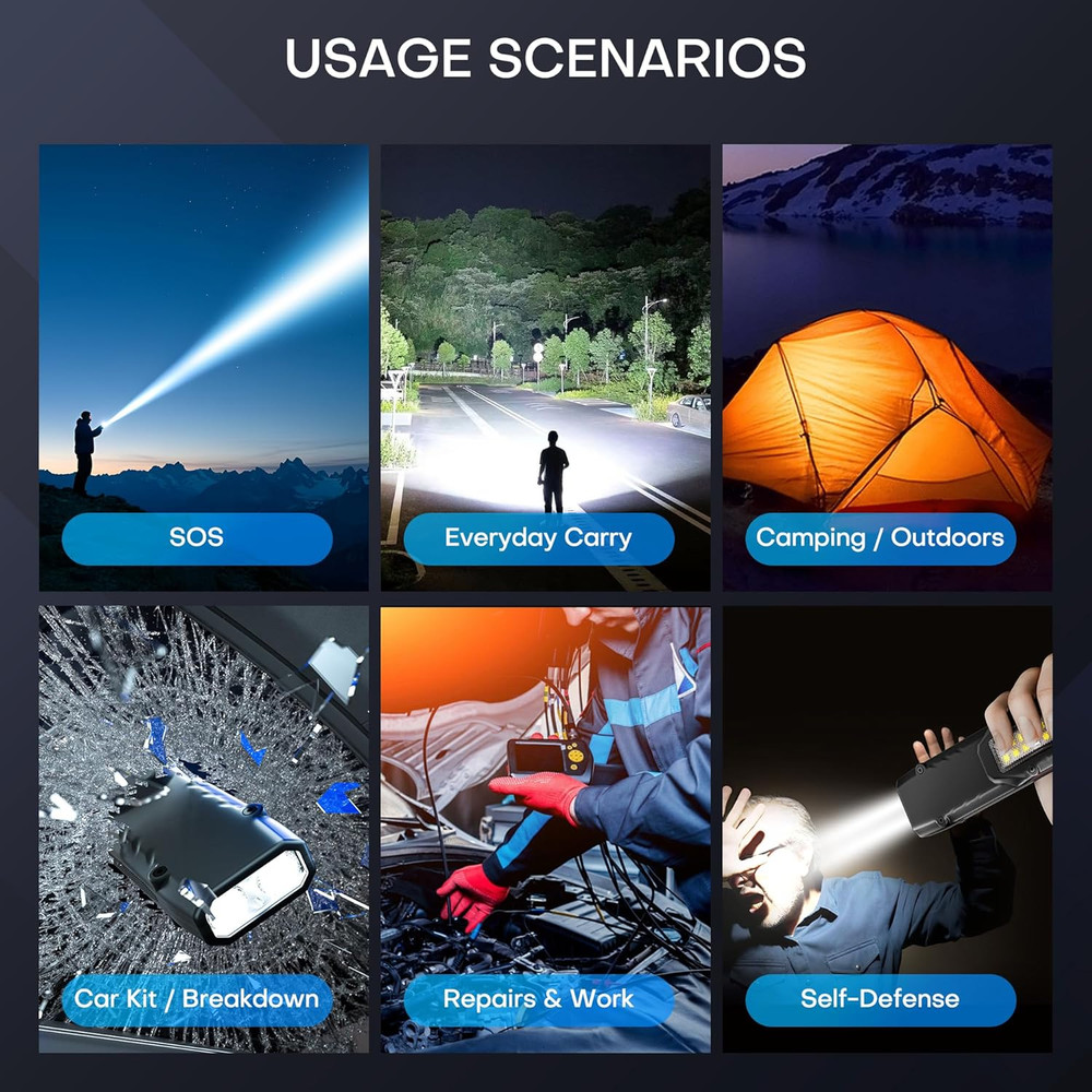 Tactical Flashlight Flat Flashlights Rechargeable Stainless Steel 8 Modes