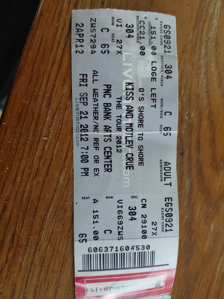 Kiss And Motley Crue 2012 Tour 2 Tickets Full Ticket Stubs September 21st 2012