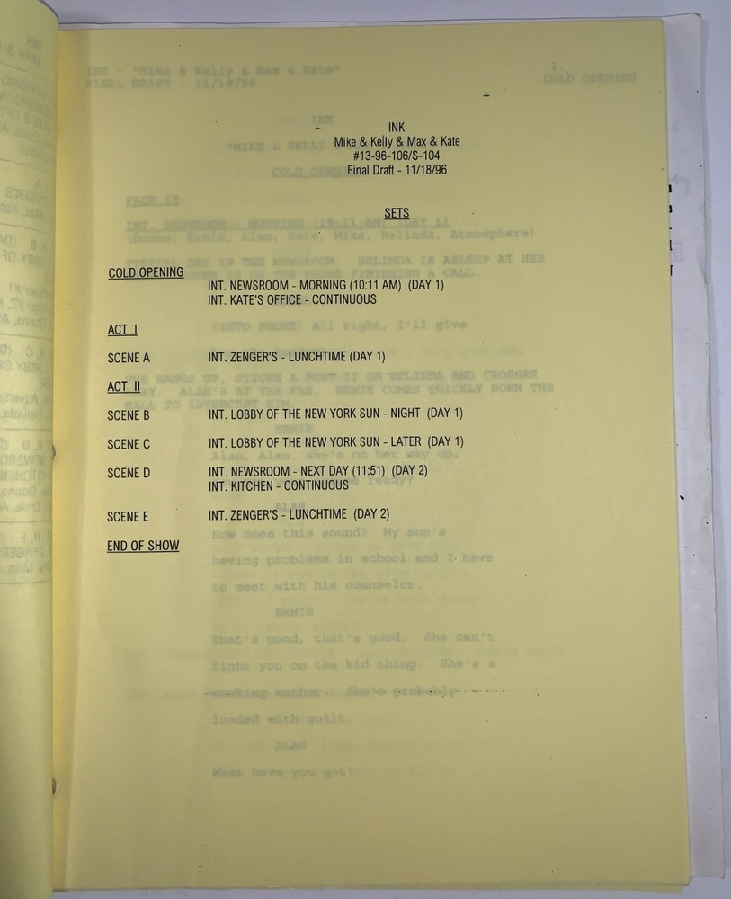 TED DANSON INK TV SCRIPT 1996 ANNOTATED “Mike & Kelly” Original