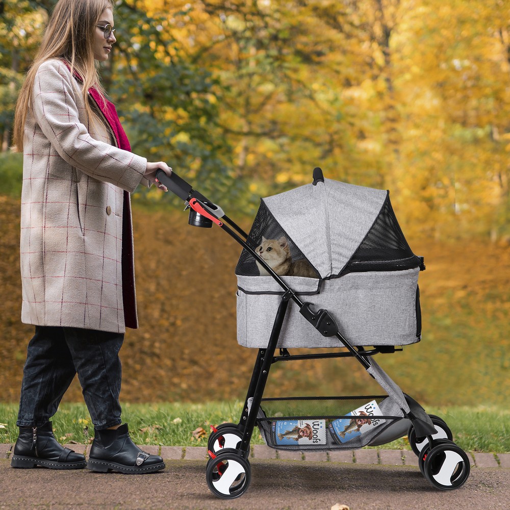 Dog Stroller Cat Stroller 3-in-1 Multifunctional 4 Wheels Lightweight Foldable