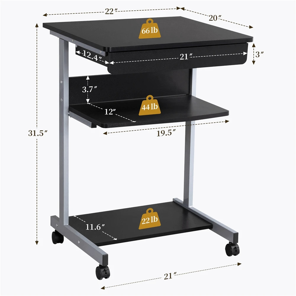 1PC Modern Portable Rolling Computer Desk Table With Drawer For Work Study
