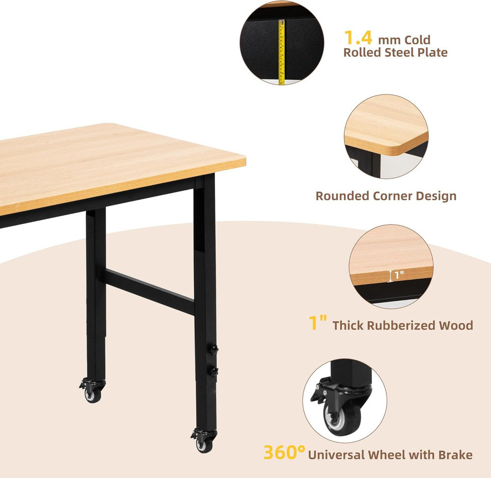 48" Adjustable Workbench with Wheels, Rolling Work Table for Garage, 2000 LBS Ca