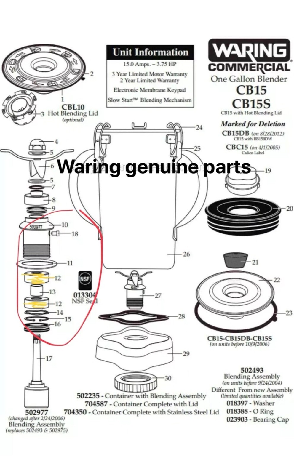 2 Pieces New Waring Blender Sealed bearings 018386 For CB6 CB10 CB15 Blender