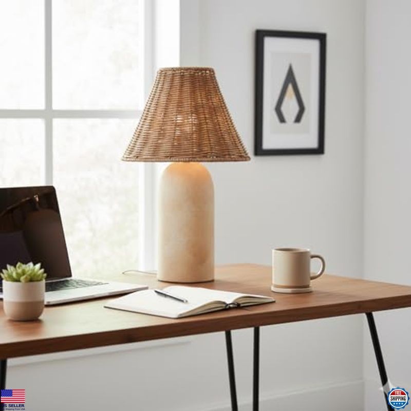 14" Mini Wicker Table Lamp - Ceramic Base, Rattan Shade, Dimmable Boho Light