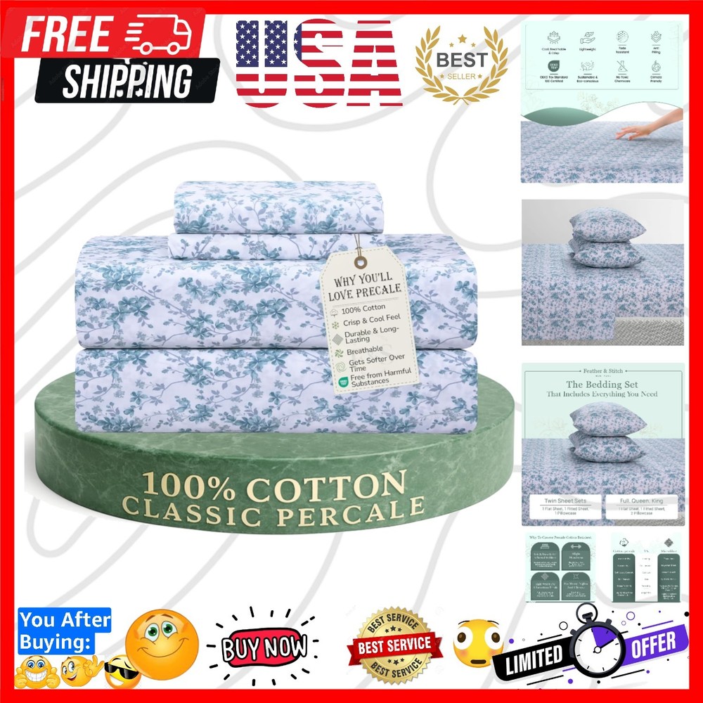 Feather & Stitch Softest 100% Cotton Sheets, 300 Thread Count Percale Weave B...