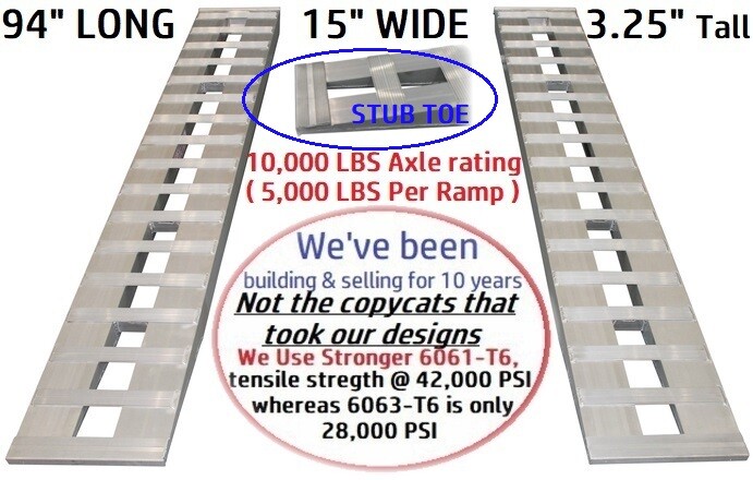 94" X 15" 10000 LBS Stub toe ALUMINUM TRAILER RAMPS 8 Car 96 Auto Truck Hook end