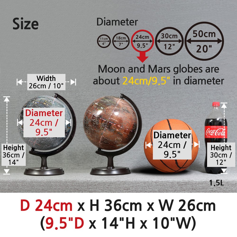 Mapsoft Explorer Moon/Mars 2 Globe Set, 24cm/9.5", Lunar Globe, 2MR-24