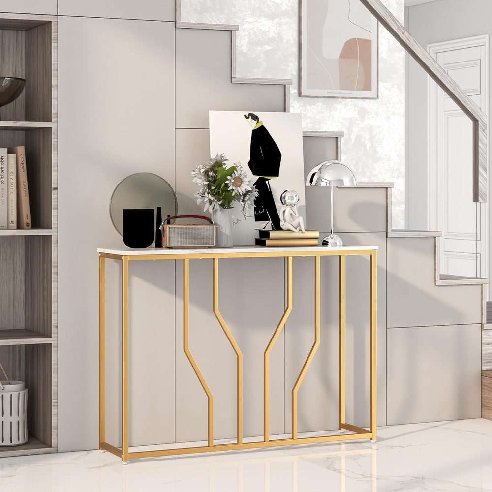 Gold Console Table, Modern Sofa Table with Faux Marble Tabletop & Geometric Meta